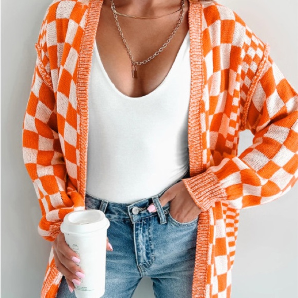 Orange and White Checkered Women's Sweater